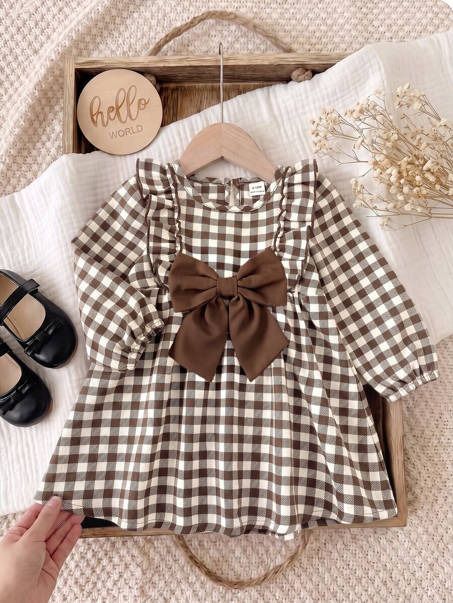 SHEIN Baby Girl Casual Comfortable Everyday Versatile Brown Plaid Bow Long Sleeve Dress - Brown - View 1