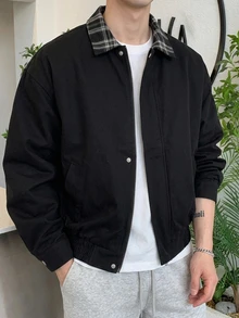 DAZY Spring/Autumn Black Patchwork Plaid Fabric Collar Korean Style Men's Jacket - Black - View 6
