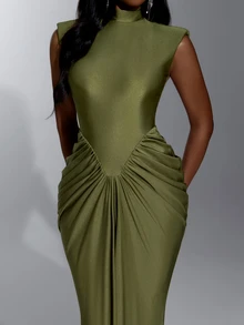 Elitara Elegant Romantic Fashion Green High Neck Sleeveless Ruched Mermaid Tail Train Dress For Holiday Vacation Birthday Party Wedding Event Bridesmaid - Green - View 4