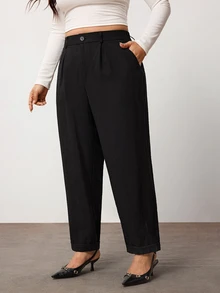 Enliva Women Plus Size Linen-Blend Trousers, High-Waisted Relaxed Straight-Leg Pants With Front Pleats, Elastic Back Waist And Cuffed Hem, Fall/Winter Pant - Black - View 4