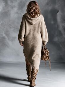 Omancia Women's Solid Color Hooded Asymmetrical Hem Sweater Dress - Camel - View 2