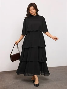 Enliva Plus Size Black Tiered Maxi Dress With Sheer Cape Sleeves For Pear Body - Black - View 6