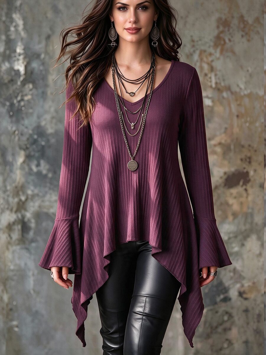 Linhara CURVE Women's Plus Size Brushed Ribbed Long Sleeve V-Neck Bell Sleeve Asymmetrical Hem Mid-Length Slimming Top, Casual T-Shirt For Autumn/Winter Fall - Brown - View 1