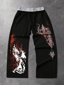ROMWE MEN Street Life 男士彈性腰頭圖案印花休閒日常運動長褲 - 黑色 - 查看 1