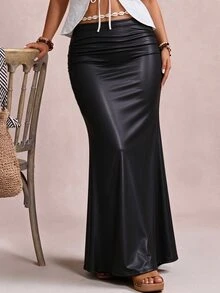 Freevana Plus Size Women Black PU Mermaid Hem Skirt Fall Winter,Party,Vacation,Going Out,Long Skirt,Dating - Black - View 3