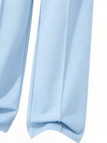 SHEIN Tween女孩美式字母印花衛衣與寬腿褲2件套，寬鬆圓領長袖上衣＋垂墜直筒褲，柔軟針織面料，春秋休閒灰色運動服 - 藍色 - 查看 7