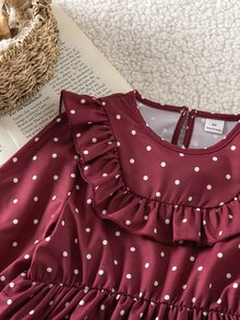 SHEIN Girlss Ditsy Floral Ruffle Collar Long Sleeve Dress Covered In Tiny Ditsy Floral Double-Layered 3D Ruffle Collar Elasticized Lettuce Hem Cuffs Suitabl - Burgundy - View 8