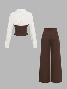 Sweetra Colorblock Long Sleeve 2 In 1 Bandeau Blouse & Loose Straight Leg Pants, Elegant Commute Office Women's Suit Two Pieces Set, Spring/Autumn - Brown - View 2