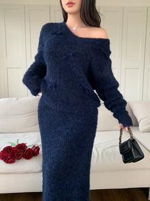 Feyla Women's 2pcs Bow Decor Knitted Set, Round V-Neck Long Sleeve Loose Sweater & High Waist Long Skirt - Blue - View 6
