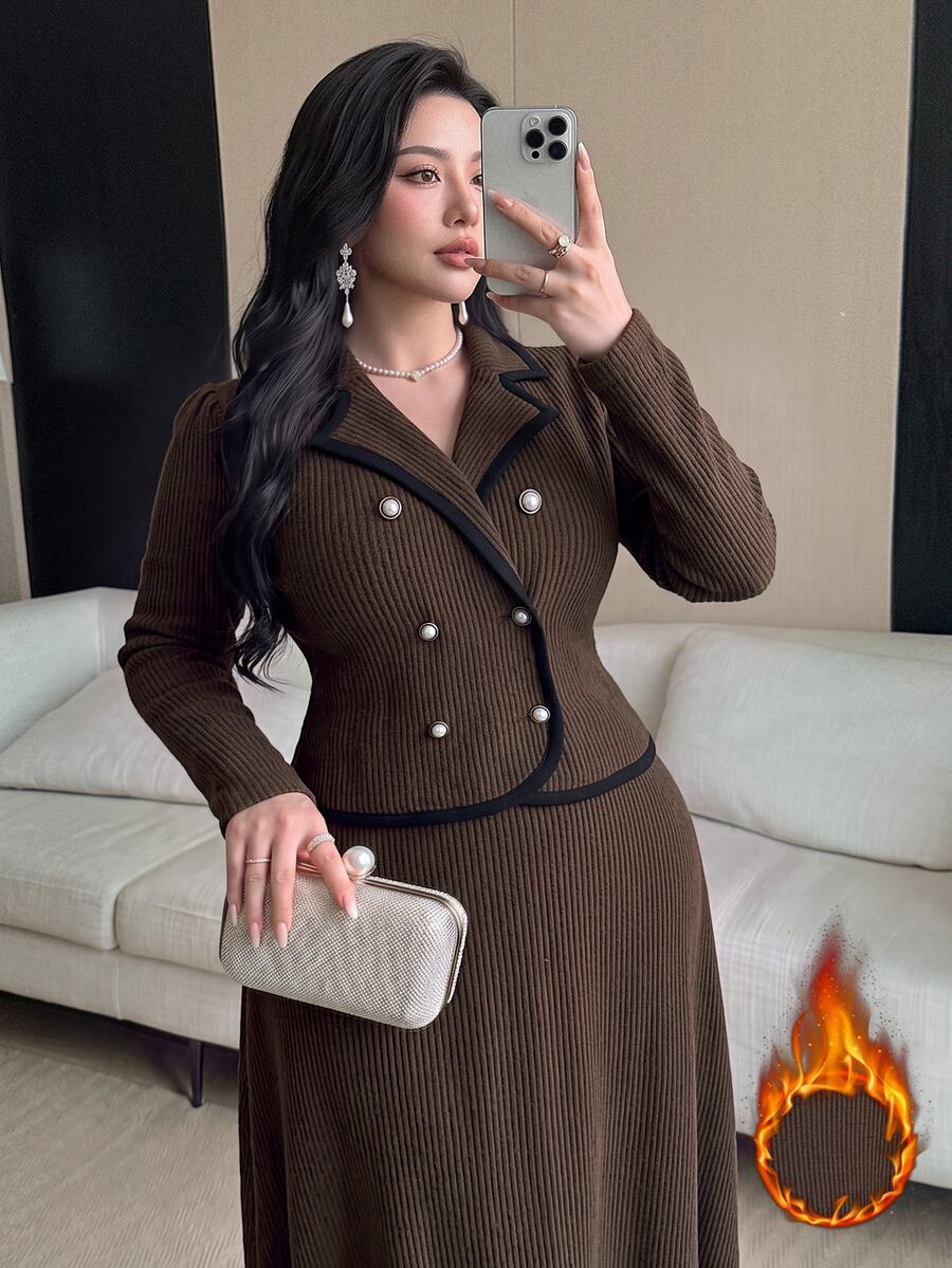 Modelyn Plus Size Vintage Double-Breasted Jacket And Long Skirt 2 Pieces Set - Coffee Brown - View 1
