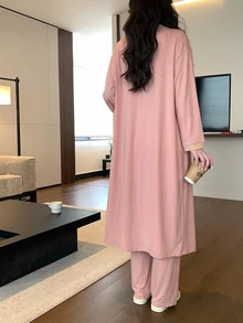 DAZY 女款對比飾邊背心上衣、晨袍與長褲家居服套裝 秋季 - 粉色 - 查看 2