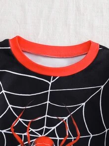 SHEIN Bộ đồ ngủ mặc nhà cho bé trai dáng ôm, họa tiết nhện hoạt hình, len dệt mềm, phong cách đơn giản thoải mái, dày dặn, tay dài quần dài, phù hợp cho mùa thu/đông - màu đen - Xem 3