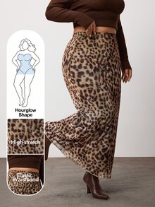 Enliva Plus Size Stretch Mesh Leopard Print Maxi Skirt For Hourglass Body - Brown - View 1