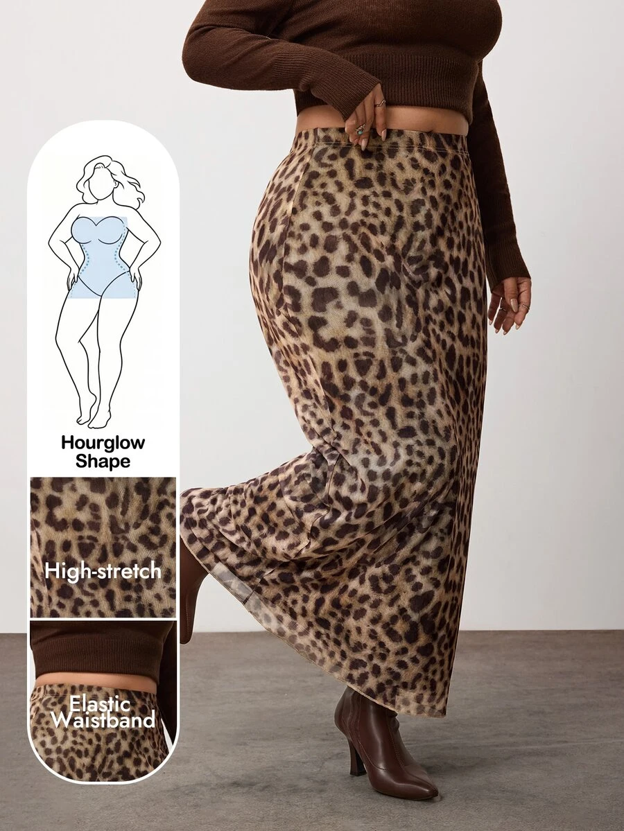 Enliva Plus Size Stretch Mesh Leopard Print Maxi Skirt For Hourglass Body - Brown - View 1