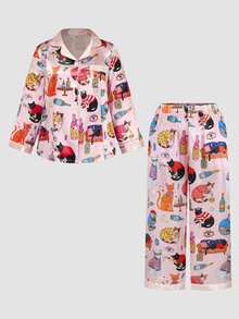 Chillnights Plus Size Women's All-Over Print Long Sleeve Top And Pants Casual Daily Home Sleepwear Set - Multicolor - View 1