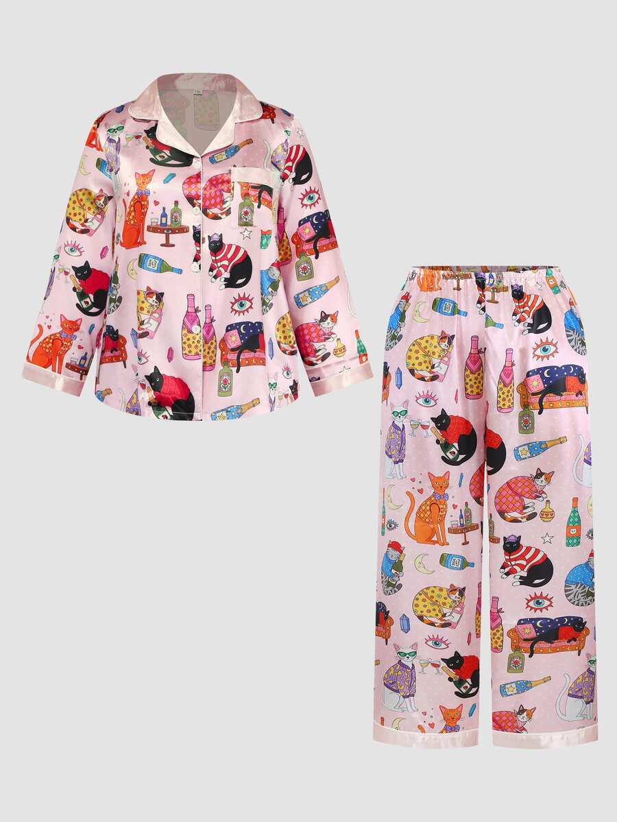 Chillnights Plus Size Women's All-Over Print Long Sleeve Top And Pants Casual Daily Home Sleepwear Set - Multicolor - View 1