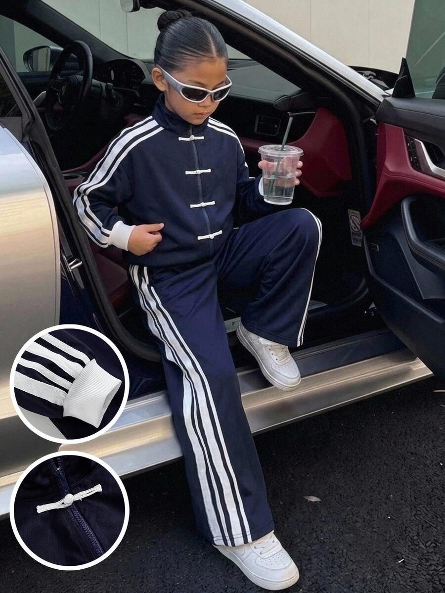SHEIN 兒童青少年女孩休閒時尚新款秋冬海軍藍與白色條紋拼接青蛙鈕扣長袖拉鍊外套與長褲2件套,返校季,秋冬服飾,開襟外套套裝 - 藍白色 - 查看 1