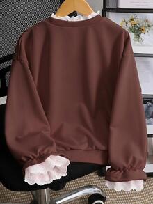 SHEIN 青少年女孩休閒可愛韓風拼色粉白蕾絲刺繡領口與袖口喇叭袖衛衣，校園秋季服飾 - 棕色 - 查看 2