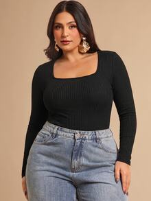 SHEIN BAE Plus Size Women's Black Knitted Square Neck Long Sleeve Fitted Bodysuit,Suitable For Autumn/Winter Bodysuit, Black Winter,Ribbed Fabric,Fall - Black - View 6