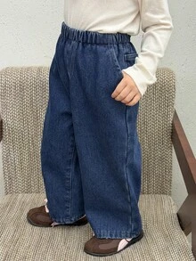 Dazy Kids Baby Girl Elastic Waist Wide Leg Loose Casual Versatile Denim Jeans - Blue - View 4