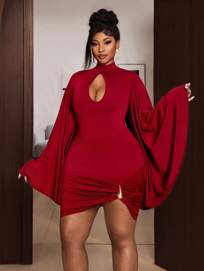 Maweii Plus Size Burgundy Hollow Out Dress, Cap Sleeve Pleated Bodycon Dress, Party Evening Hot Girl Short Dress