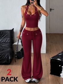 Coolane 女款鏤空設計掛脖背心與喇叭褲休閒兩件套 - 酒紅色 - 查看 1