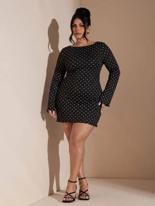 SHEIN BAE 大尺碼女款黑色秋季優雅性感波點印花洋裝，正式晚宴婚禮賓客早午餐晚餐外出穿搭，休閒露背派對裙 - 黑與白 - 查看 6