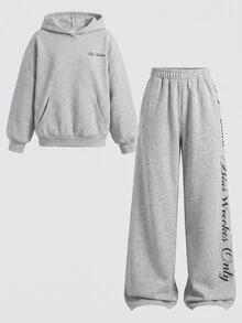 SHEIN 青少年女孩時尚休閒日常針織運動衫套裝 - 灰色 - 查看 3