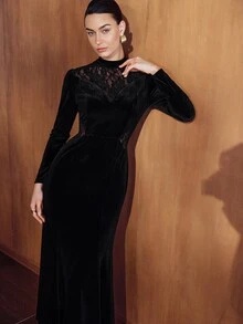 MOTF PREMIUM WOMEN'S SOLID COLOR CONTRAST LACE LONG SLEEVE ELEGANT DRESS - Black - View 5