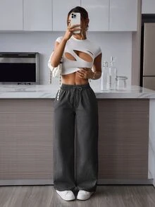 SHEIN PETITE 女款休閒抽繩腰直筒水洗牛仔褲，適合嬌小女性 - 灰色 - 查看 5