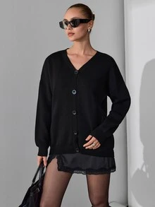 SHEIN Casual kofta för dam i petite storlek, enfärgad svart, med knäppning fram och detaljer, nedsläppt axel - Svart - Visa 8