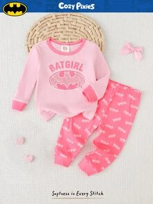 BATMAN X Cozy Pixies 2件組女嬰休閒日常舒適印花圓領長袖針織修身居家服套裝，包含上衣與長褲 - 粉色 - 查看 9