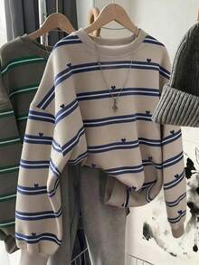 SHEIN LUNE 女款條紋愛心印花長袖休閒寬鬆衛衣 - 白色 - 查看 1
