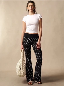 VARSIVA Women's Casual Striped Flared Pants With Waist Fold Over Leggings - Black and White - View 3