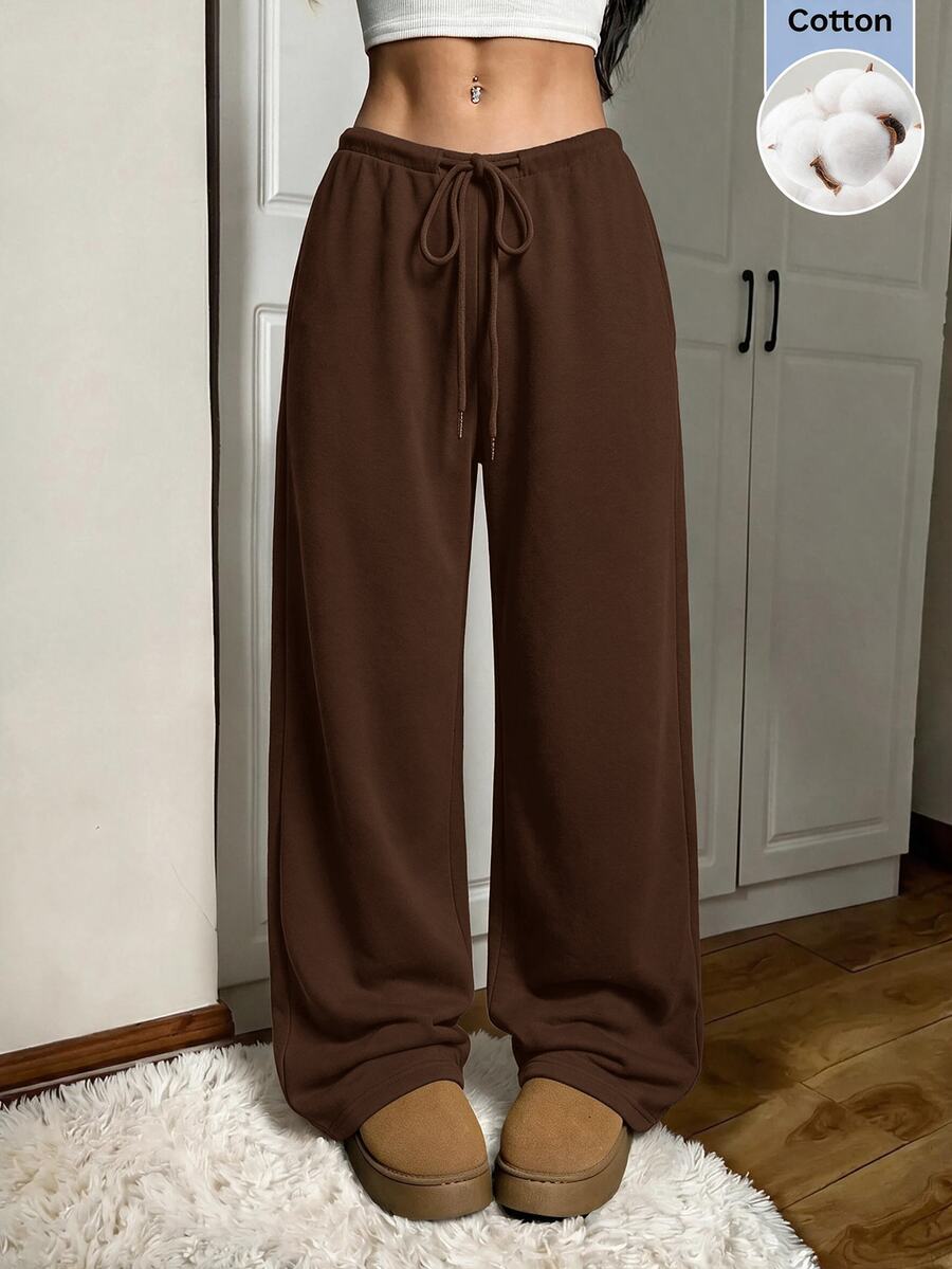 SHEIN EZwear 女款深棕色針織休閒運動長褲,抽繩腰頭,寬鬆版型,適合居家休閒或冬季穿著 - 棕色 - 查看 1