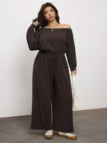 Enliva Plus Size One Shoulder Wide Leg Jumpsuit With Elastic Waist Compatible With Apple Body Round Body - Brown - View 6