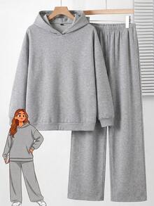 Rosumi Plus Size Women Solid Color Long Sleeve Hoodie And Sweatpants Casual 2 Pieces Set - Light Grey - View 4