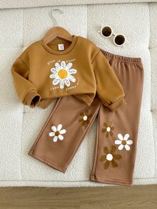 SHEIN 女嬰可愛秋冬休閒花卉圖案運動衫與長褲套裝 - 棕色 - 查看 6