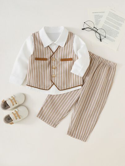 SHEIN Baby Boy Striped Single-Breasted Vest And Long Pants Gentleman Suit Set