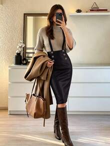Penseblé Standard Size Women's Brown PU Leather Suspenders High Waist Button-Up Skirt, Street Style Commuter Autumn/Winter Skirt - Black - View 3