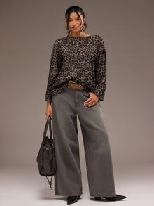Freevana Wonen 復古棕色豹紋船領花卉蕾絲拼接露背大碼長袖上衣 秋冬 T-shirt - 彩色 - 查看 5