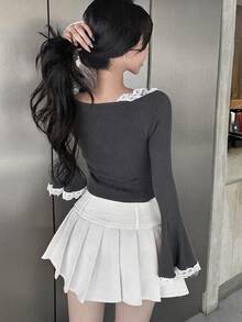 DAZY Áo len nữ tay loe viền ren mặc thường ngày phong cách casual - Xám - Xem 3