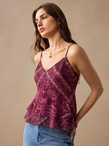 Willow Rêve 女款酒紅金波西米亞風印花V領細肩帶上衣，荷葉邊下擺，情人節風格，適合晚餐約會、度假、夏季 - 酒紅色 - 查看 5