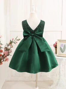 SHEIN Young Girl Sequin Pleated Kids Dress For Party, Ball, Festival - Green - View 2