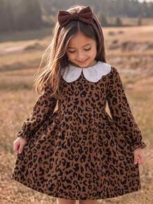 SHEIN 1pc Girls' Autumn New Fresh Style Loose Fit Long Sleeve Dress With Elastic Cuffs, Exquisite Collar, Back Opening Design, Casual Versatile Leopard - Brown - View 4