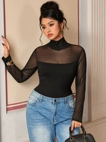 SHEIN BASICS Plus Size Sexy Mesh Patchwork Long Sleeve Bodysuit - Black - View 3
