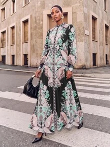 Zivah New Elegant Women's Court Style Dark Floral Print Front Button Placket Puff Long Sleeve Structured Dress - Multicolor - View 1