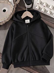 SHEIN 秋冬女款連帽拉鍊外套－街頭風混搭運動衫，長袖抓絨，保暖針織面料，適合秋冬穿著 - 黑色 - 查看 3