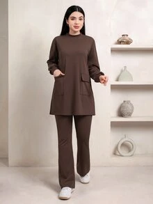 Veilorie Women's Minimalist Long Sleeve Pocket Top And Pants Sports Set - Brown - View 3