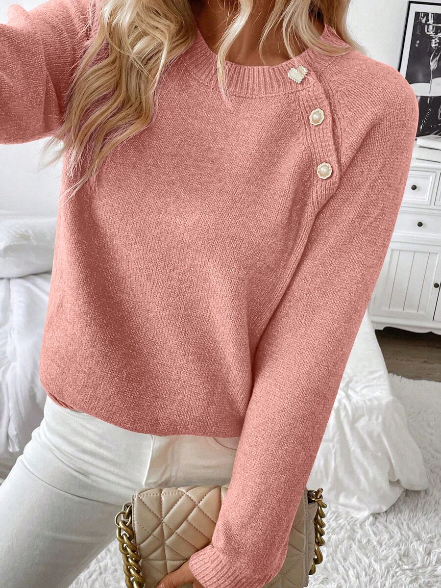 Elyressa Women's Casual French Button Decor Knitted Sweater, Spring And Autumn, Fall Winter Brunch Dusty Pink - Blush Crush - View 1